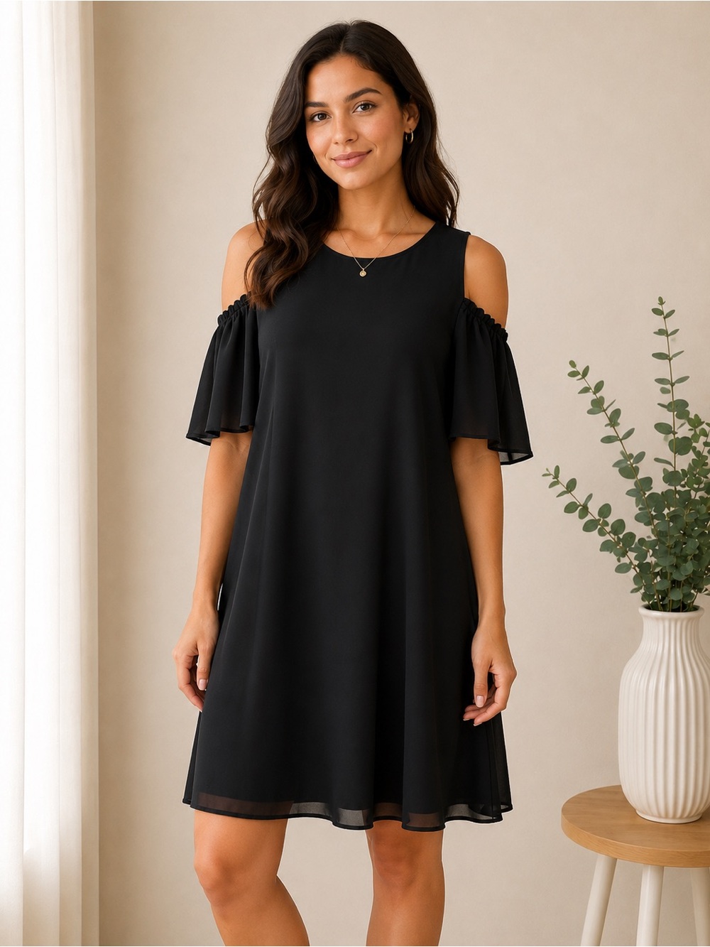 APT. 9 Black Cold Shoulder Chiffon Shift Dress Size Medium Elegant
